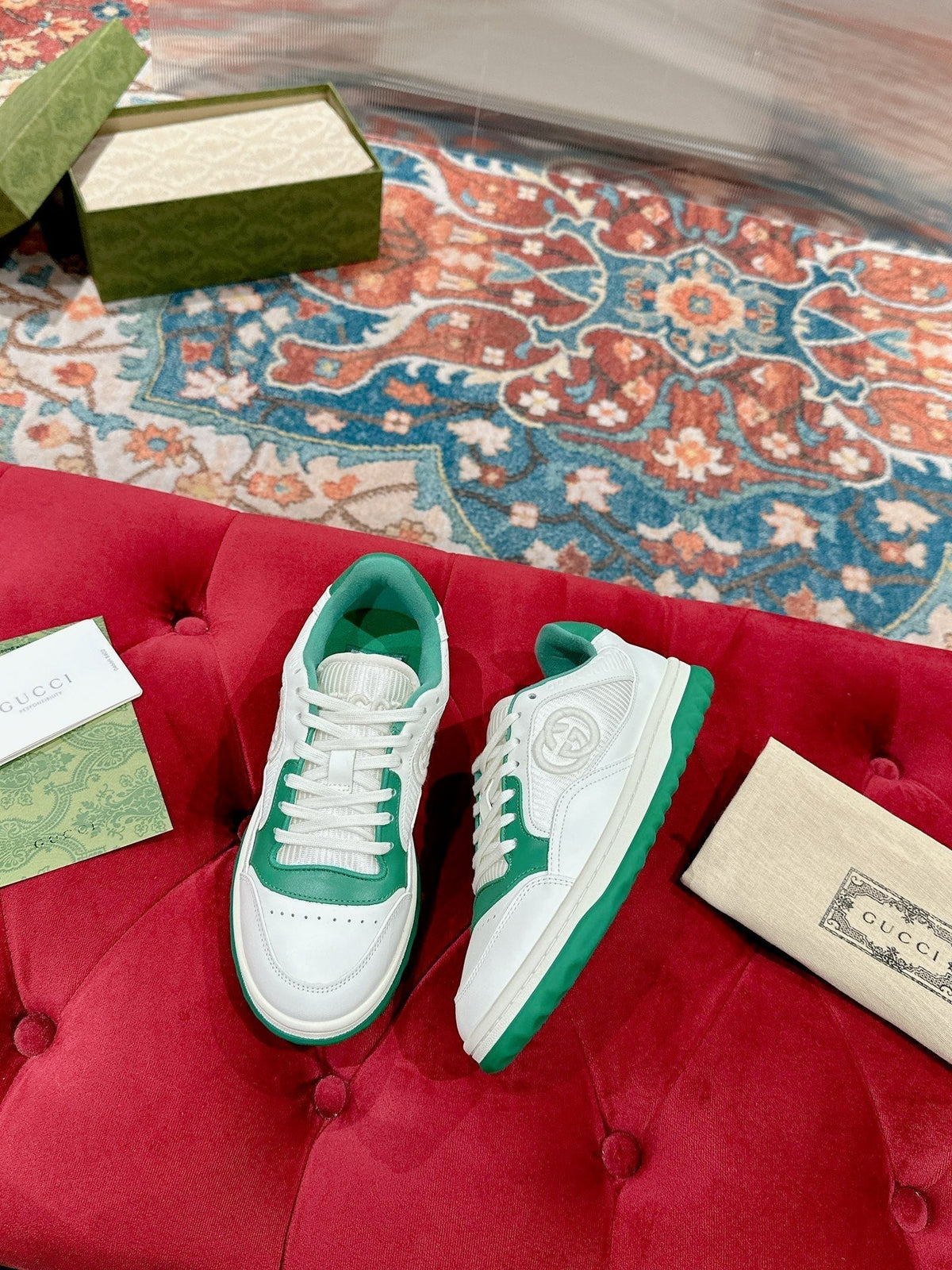 GUCCI 26S SNEAKERS IN WHITE MIX GREEN CALFSKIN